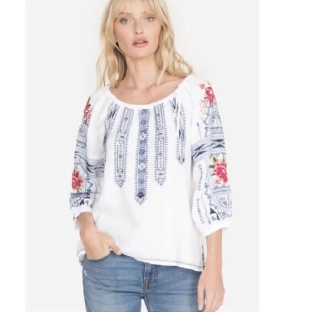Johnny Was XS Davis Tie Peasant Bohemian White Blue Pink Embroidered Linen Top